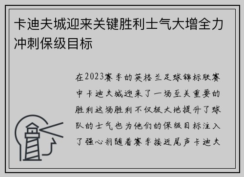 卡迪夫城迎来关键胜利士气大增全力冲刺保级目标