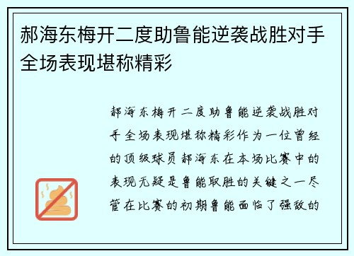 郝海东梅开二度助鲁能逆袭战胜对手全场表现堪称精彩