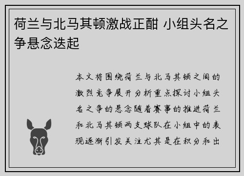 荷兰与北马其顿激战正酣 小组头名之争悬念迭起