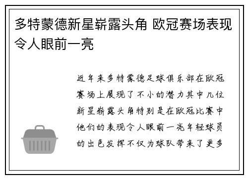 多特蒙德新星崭露头角 欧冠赛场表现令人眼前一亮