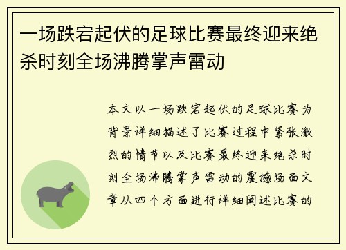 一场跌宕起伏的足球比赛最终迎来绝杀时刻全场沸腾掌声雷动