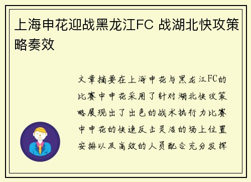 上海申花迎战黑龙江FC 战湖北快攻策略奏效